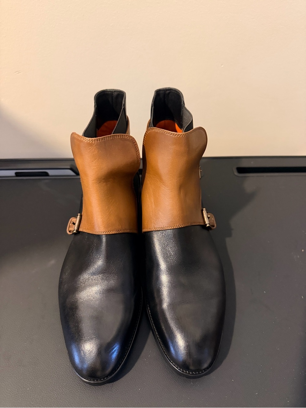 Santoni Two-Tone Leather Ankle Boots in Black & Brown Authentic